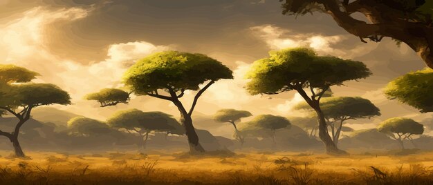 Vector african savanna grass acacia trees and river realistic vector landscape african nature reserves and