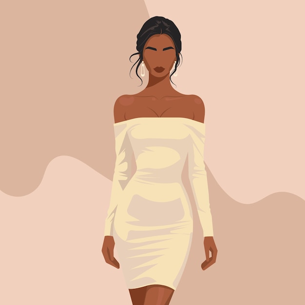 Vector african woman with abstract face in an elegant white dress with long sleeves and bare shoulders