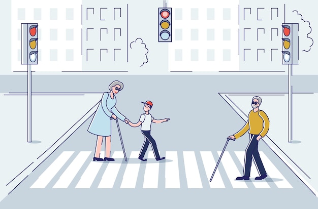 Vector aged people walking in city using stick for support crossing street in crosswalk