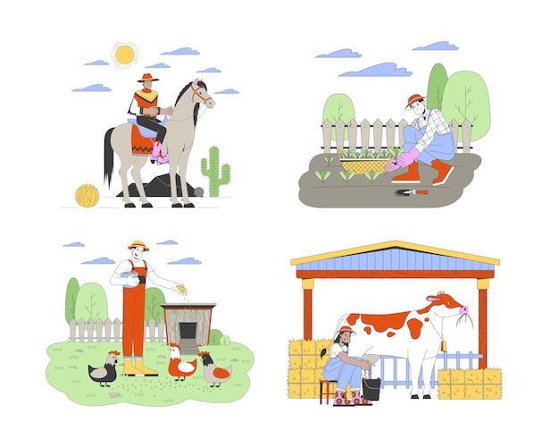 Vector agricultural activities cartoon flat illustration set