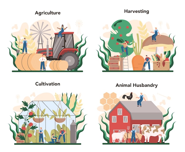 Vector agriculture concept set. farming food cultivation and production. village groceries harvesting. countryside animal husbandry. isolated flat illustration