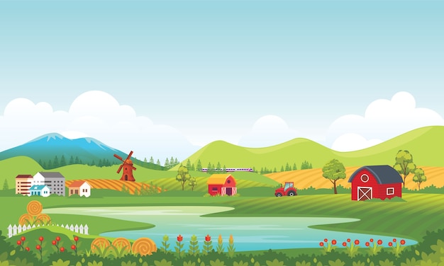 Vector agriculture rural landscape illustration