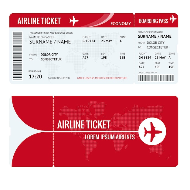 Airline ticket or boarding pass for traveling by plane isolated on white. Vector illustration.