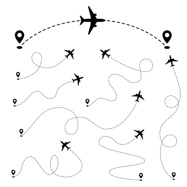 Vector airplane paths. plane dashed tracing line from point. vector set