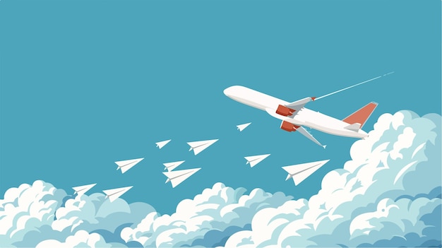 Vector airplane in the sky with paper airplanes flat vector