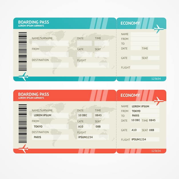 Vector airplane tickets. travel concept. isolated on white. enjoy your holiday.