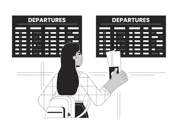 Vector airport departure bw vector spot illustration travelling airport student female 2d cartoon flat line monochromatic character for web ui design girl with tickets editable isolated outline hero image