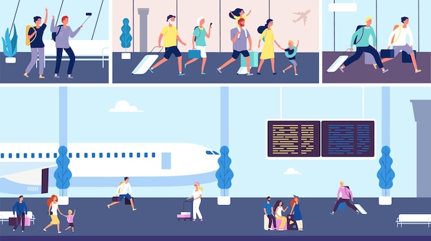 Vector airport passengers. travellers in terminal, tourists with luggage going. family vacations, man woman children and grandparents vector characters with bags. family traveller with baggage illustration