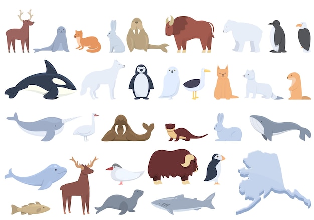 Alaska icons set cartoon vector Seal animal Walrus eskimo