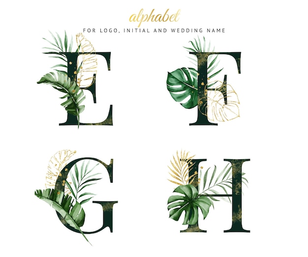 Alphabet set of e, f, g, h with green tropical watercolor. for logo, cards, branding, etc