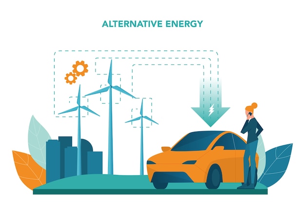 Alternative energy concept. Idea of ecology frinedly power and electricity. Save the environment. Solar panel and windmill. Isolated flat vector illustration