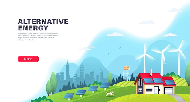 Alternative energy landing page template with solar panels and wind turbines