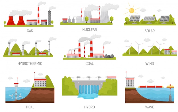 Vector alternative energy sources. hydroelectric, wind, nuclear, solar and thermal power plants.   