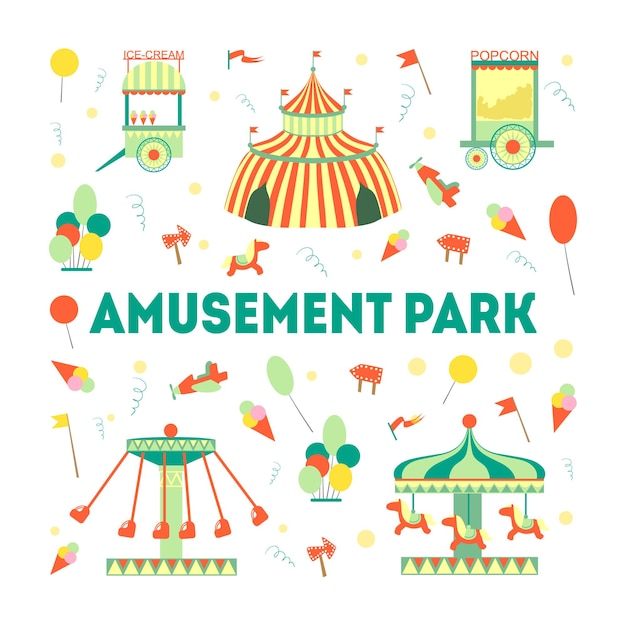 Vector amusement park banner template with carousels and festive park attractions vector illustration