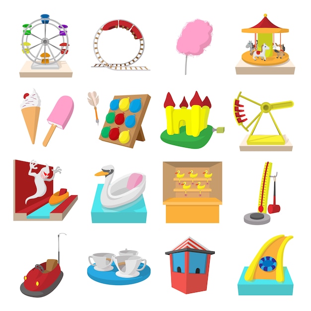 Amusement park cartoon icons set isolated