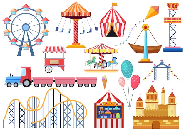 Vector amusement park entertainment icons elements isolated. colorful cartoon flat ferris wheel, carousel, circus and castle isolated