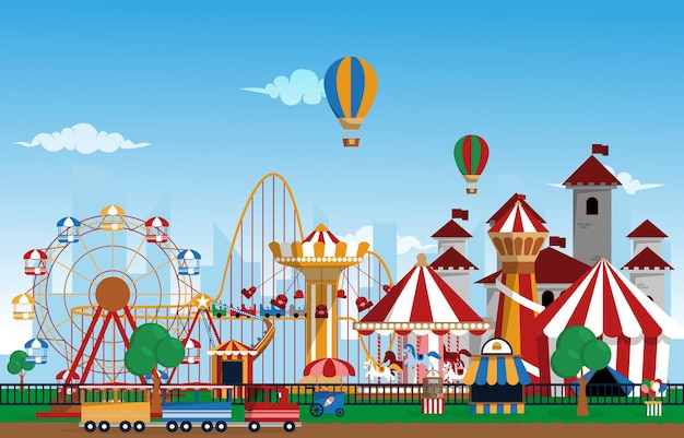 Amusement Park Rides Fun Fair Carnival Flat Vector Illustration