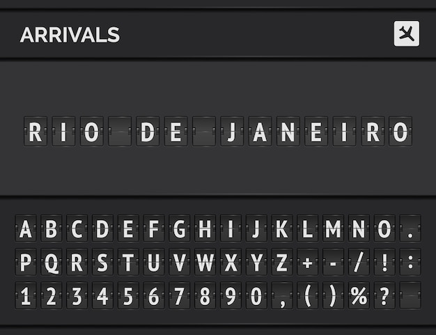 Vector analog airport flip scoreboard with flight information of arrival destination in brazil: rio de janeiro with airplane board and flight font.