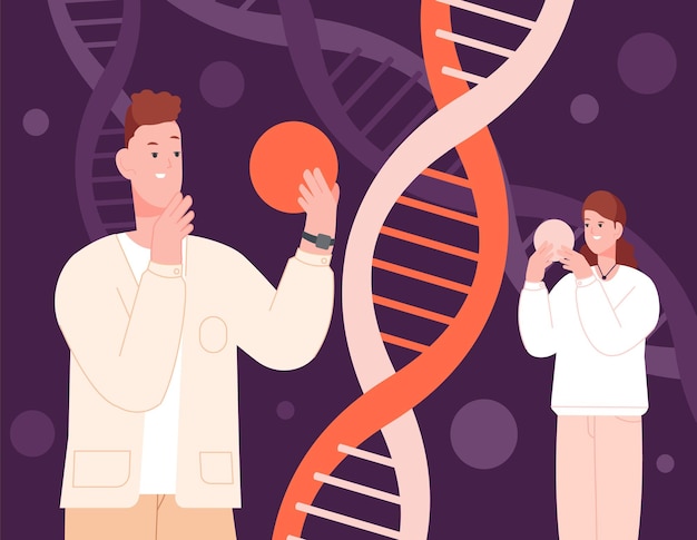 Ancestry genetics Cartoon people holding molecule dna genetic science explore gene chromosome scientific experiment heredity medical discovery splendid vector illustration