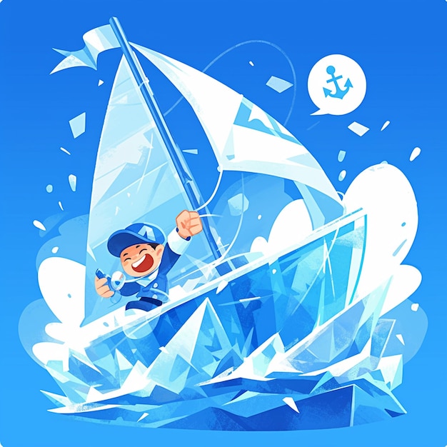 Vector a anchorage boy does ice yachting in cartoon style