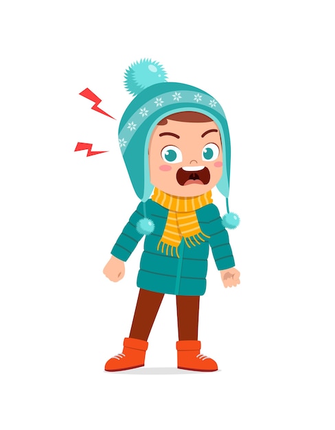 Angry cute little kid scream and wear jacket in winter season