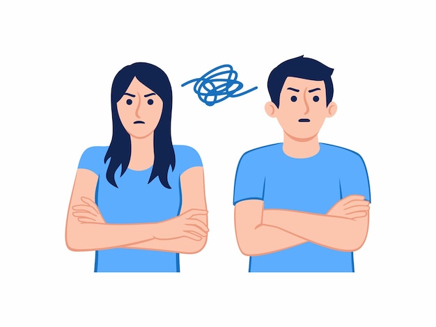 Vector angry fighting offended couple with arms folded ignoring each other relationship problems break up