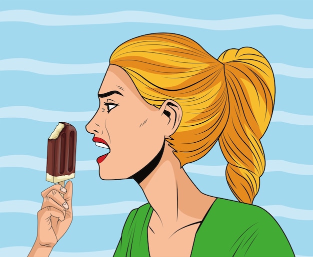 Angry woman profile eating ice cream pop art style character