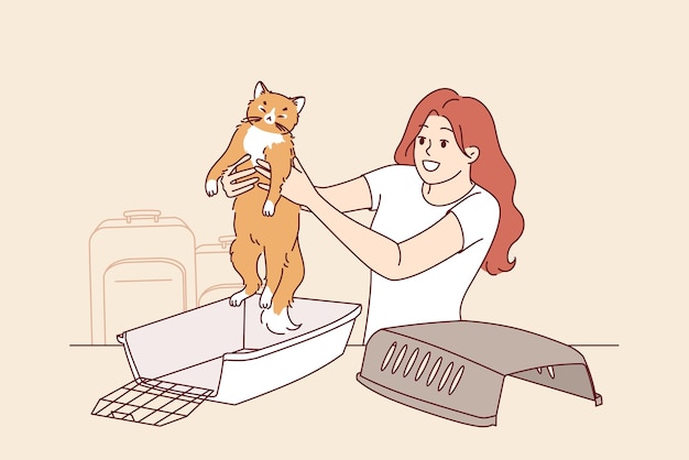 Vector animal cage for traveling with cat near woman preparing pet for trip to airport