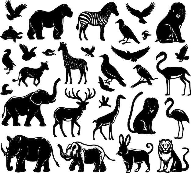 Vector animal silhouette collection set of black animal silhouette animal icons mammal fish insects