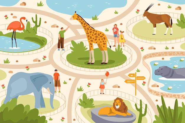 Vector animal zoo or wild tropical park vector image africa and safari wildlife menagerie family on excursion near lion and elephant giraffe and scimitar oryx hippopotamus and flamingo africa nature