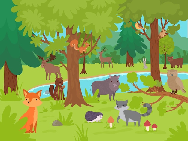 Animals in forest background. Wild cute happy animals living and playing in forest glade with big trees vector illustration. Animal forest, bear, fox and deer, woodland nature