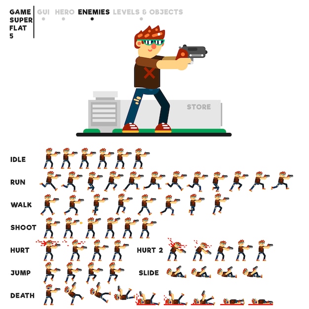 Animation of a young skinny guy with a pistol for creating a video game