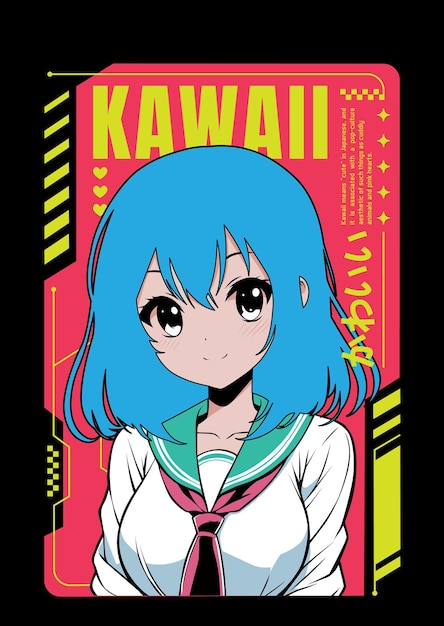 Vector anime girl poster in manga style tokyo japan anime girl with concept of vrretrofuturismcyberpunk