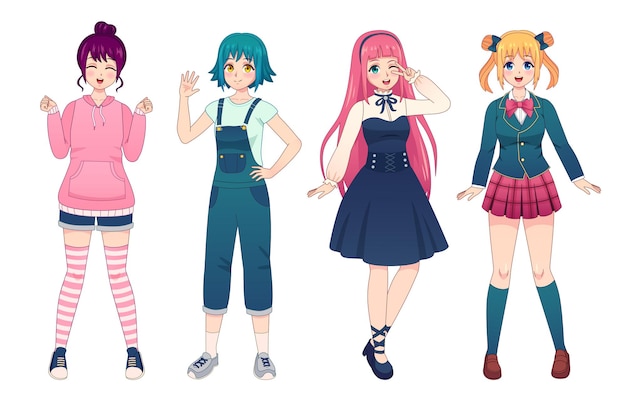 Anime girls. Beautiful japanese manga schoolgirls in uniform, lolita style dress, overalls and hoodie. Happy kawaii female poses vector set. Female cheerful characters in casual outfits