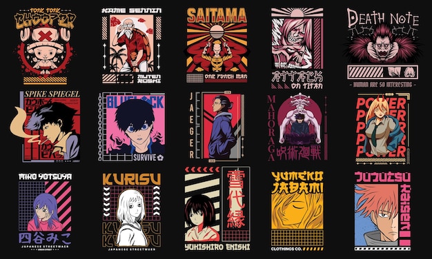 Vector anime japanese tshirt designs bundle anime streetwear tshirt artwork vector collection