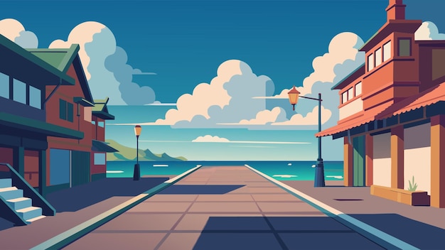 Vector anime style street with sea and cloud wide view vector illustration flat 2