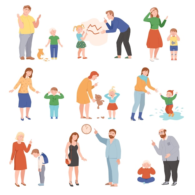 Vector annoyed parents scolding their kids for disobedience and bad behavior vector illustration set