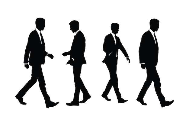 Anonymous businessmen set vectors wearing suits and standing in different positions Office employee silhouette vector bundle Male model silhouette with official dresses on a white background