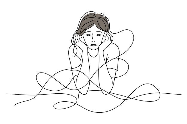 Anxious and depressed woman doodle continuous line art vector illustration