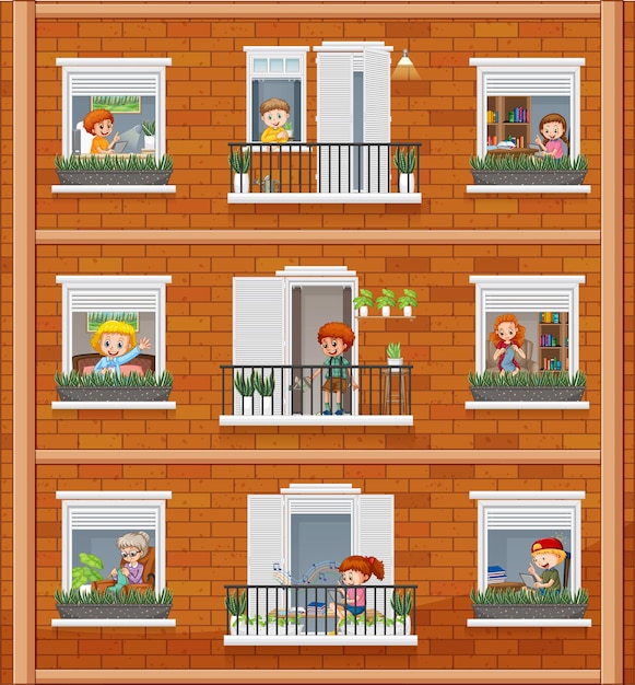 Vector apartment windows with neighbors cartoon character