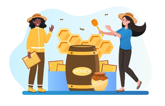 Vector apiary worker beekeeping and honey production afro american woman in outfit breed bees producing