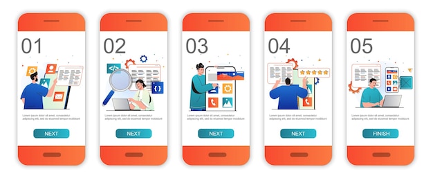 App development concept onboarding screens for mobile app templates Developers coding