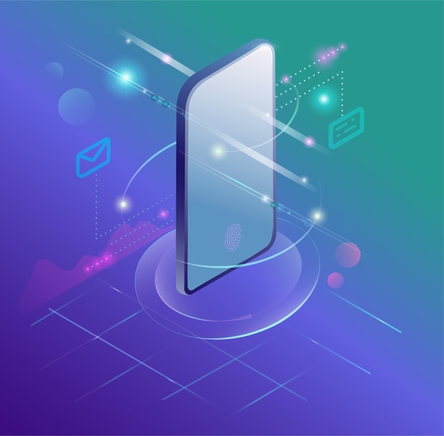 Application of Smartphone with business graph and analytics data on isometric mobile phone