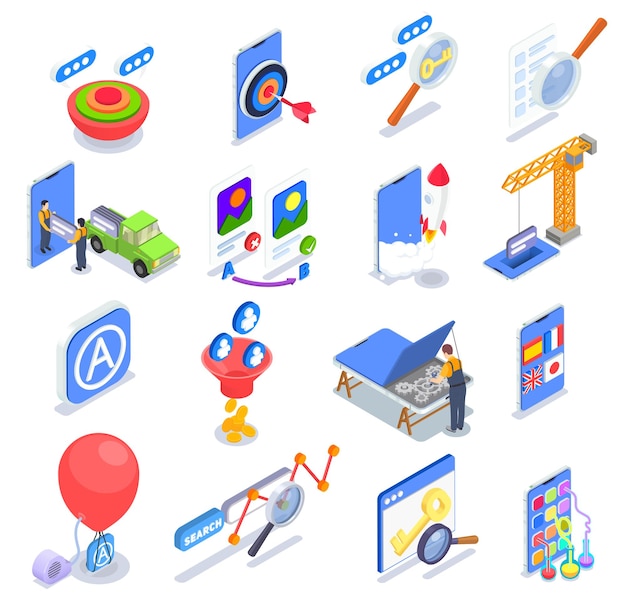 Vector application store optimization isometric set with 3d search growth design development profit icons isolated vector illustration