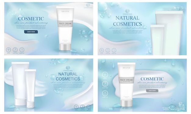 Vector aqua fresh banners with natural skin care products blue ad posters with water drops cream smears