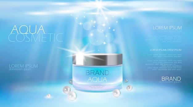 Aqua skin care creme cosmetic ad promoting poster template. 