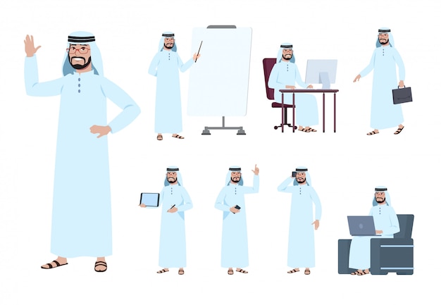 Arab businessman. Saudi business people character set. Islam arabian male in business activity vector set