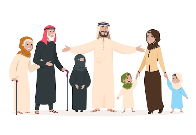 Arab family. Muslim mother and father, happy kids and elderly persons. Saudi islam cartoon characters