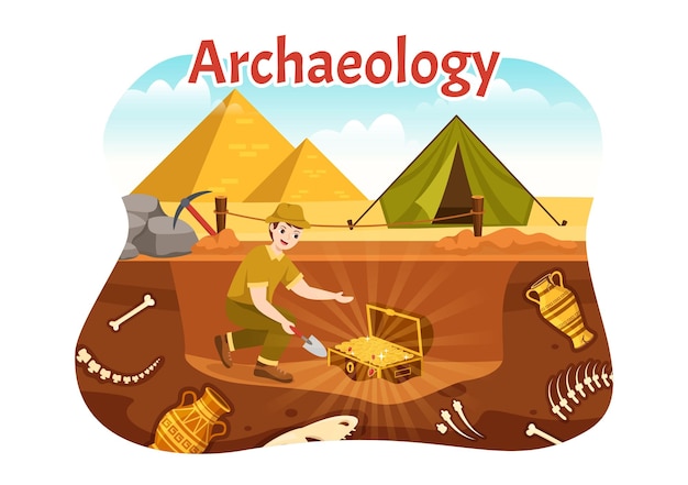 Archeology Illustration with Archaeological Excavation of ancient Ruins Artifacts and Fossil