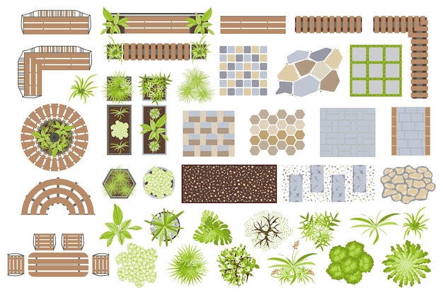 Architectural elements set graphic elements in flat design Bundle of pathways tiles plants table chairs benches and other in top view for garden yard map Vector illustration isolated objects